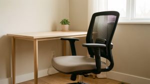 Fauteuil de bureau ergonomique compact avec soutien lombaire, installé devant un petit bureau dans un espace de travail lumineux.