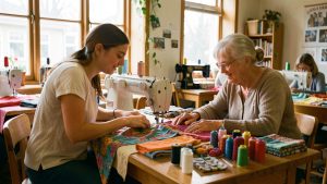 Une jeune femme et une femme plus âgée apprennent la couture ensemble dans un atelier associatif chaleureux, entourées de tissus colorés et de machines à coudre.
