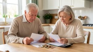 Un couple de retraités compare calmement ses finances autour d’une table avec des documents vierges et des pièces en euros.