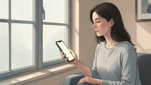 Illustration éditoriale sobre d’une femme assise près d’une fenêtre, tenant un téléphone à écran neutre dans une atmosphère calme, confidentielle et bienveillante.